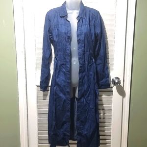 Jeans Print Long Collor Neck Open front  Belted Cardigan